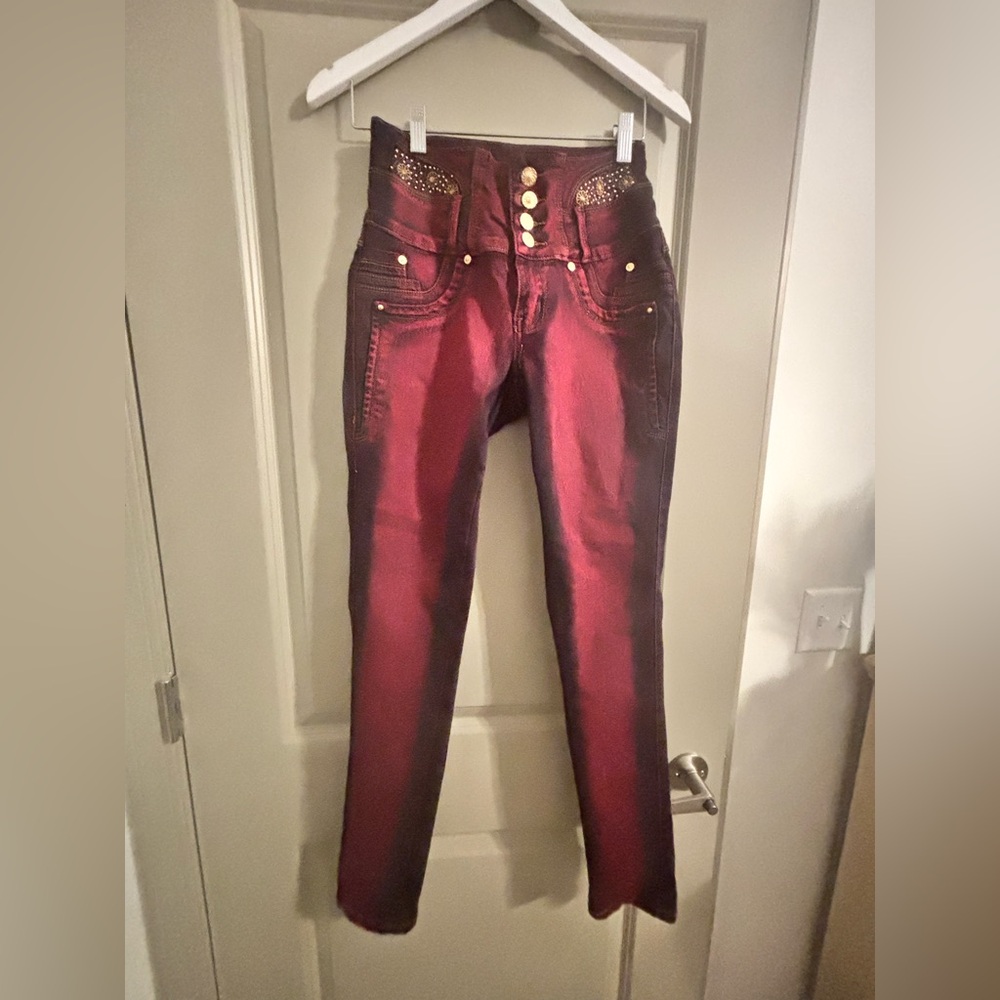 Stylish Red and Black High-Waisted Jeans Butt Lifting Jeans